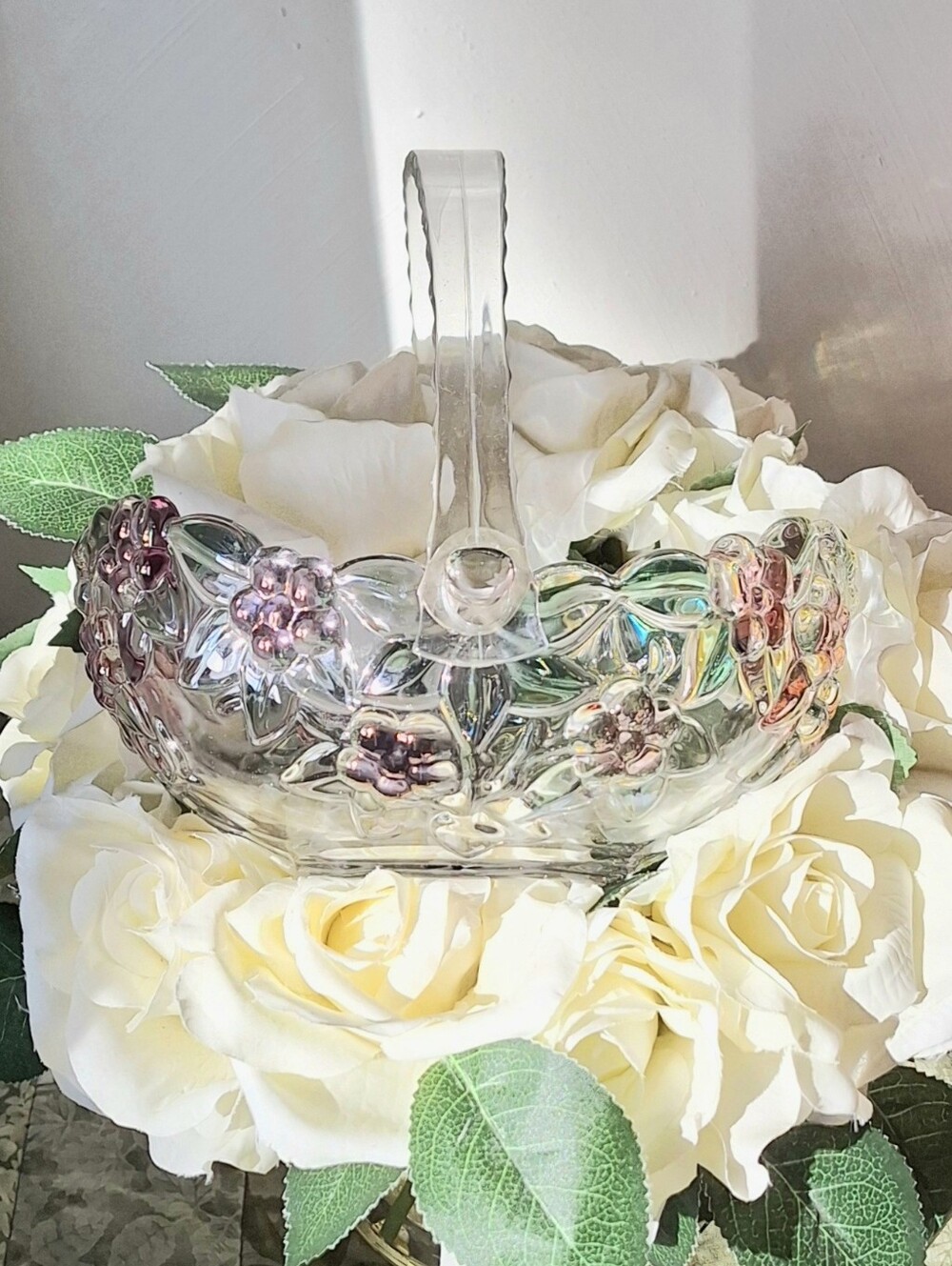 Walther-Glas Carmen Vintage German Glass Basket with Embossed Flowers